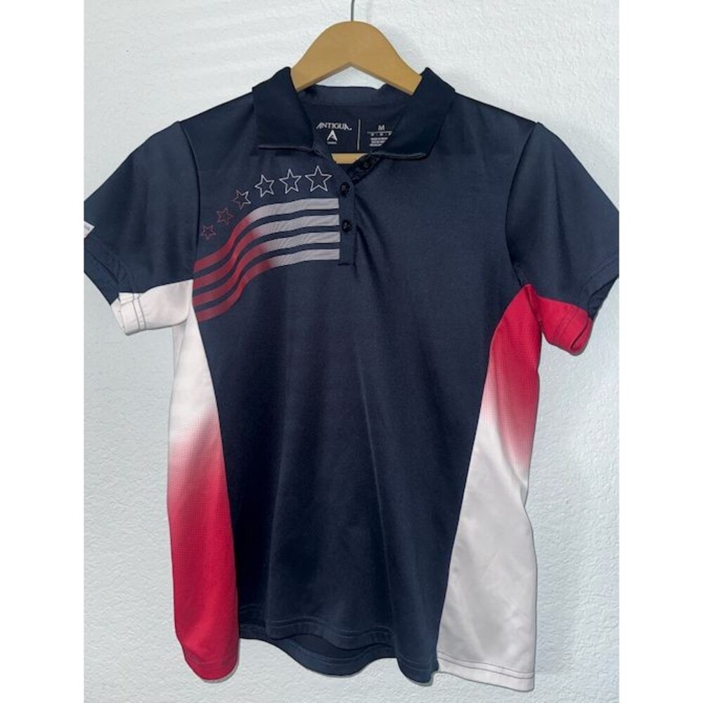 Antigua Liberty Polo Womens M Navy Red White Patriotic Stars Stripes Golf Shirt